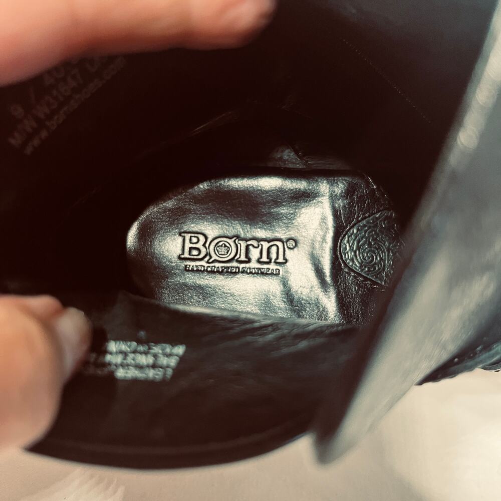 Born Boots Shola Black Leather Harness Strap Zip Ankle Stacked Heel Booties 9M - Picture 6 of 8